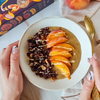 peanut cacao protein granola bowl for breakfast