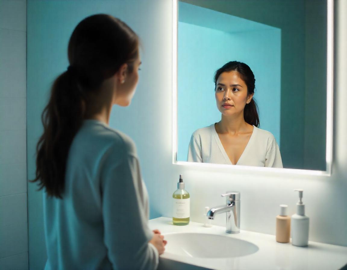 Asian woman looking in mirror worried